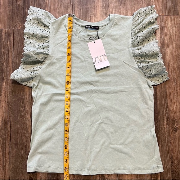 NWT Zara Green Day Ruffle Short Sleeves Round Neck Top T Shirt Size M - Picture 7 of 9
